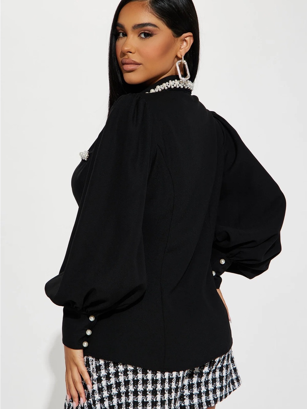 Fashion Nova Black Pearl-Trim Puff Sleeve Blouse- LIKE NEW- SIZE LARGE - Picture 2 of 7